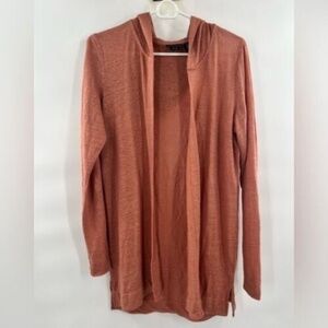 Tahari open front hooded linen cardigan Sz M long sleeve golden brown